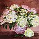 Oil painting Evening peonies white and pink peonies in a round vase, Pictures, Moscow,  Фото №1