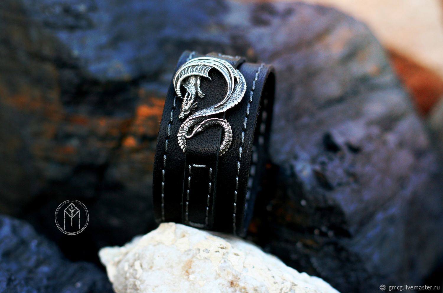Leather bracelet with 'Dragon of winter night' overlay', Hard bracelet, Tolyatti,  Фото №1