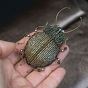 Brooch embroidered beetle Khaki