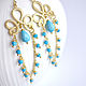 Earrings chandelier with Arizona turquoise, gold plated, Earrings, Krasnogorsk,  Фото №1