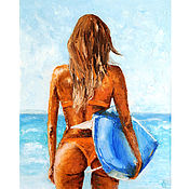 Картины и панно handmade. Livemaster - original item Painting Surfer girl beach sea summer oil palette knife. Handmade.