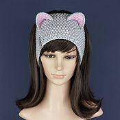 Аксессуары handmade. Livemaster - original item Headband with ears Cat, knitted headwear Grey. Handmade.
