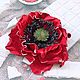 Брошь, заколка цветок из кожи Красный мак махровый. Соло, Брошь-зажим, Ростов-на-Дону,  Фото №1