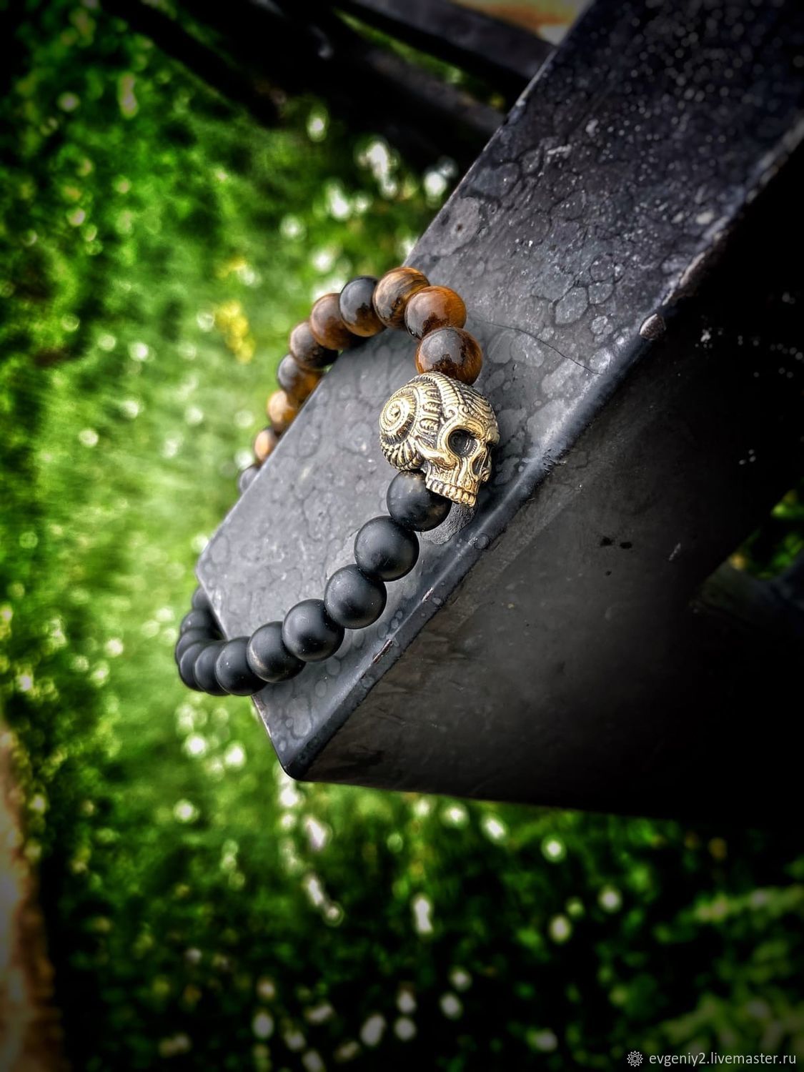 Bracelet made of natural stones and bronze with a bronze skull, Bead bracelet, Volgograd,  Фото №1