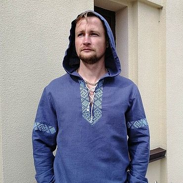 Мужская одежда ручной работы. Ярмарка Мастеров - ручная работа Рубаха с капюшоном "Ратислав" в синем цвете. Handmade.
