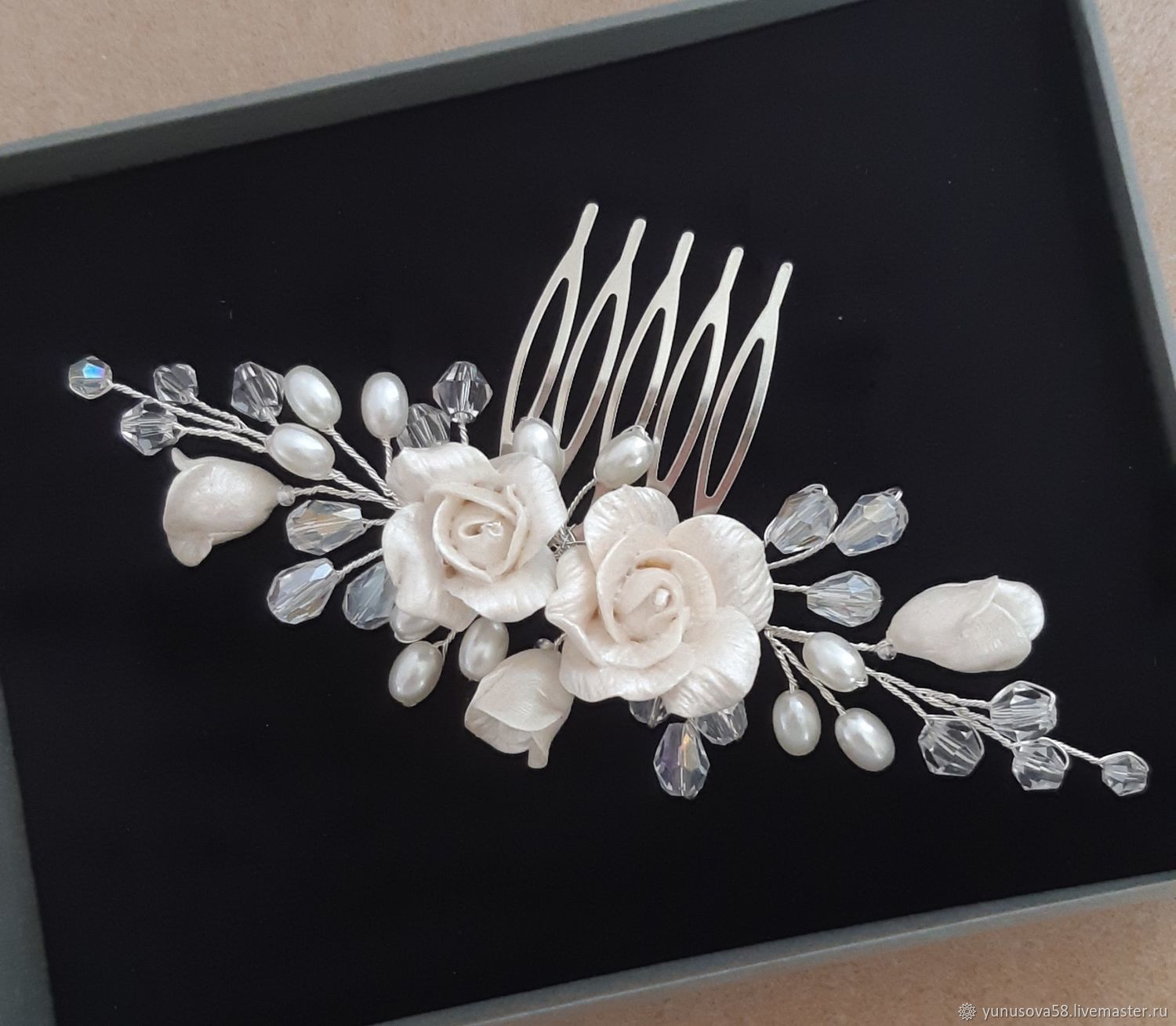 Wedding comb with roses, pearls and crystal beads, Hair Decoration, Leninogorsk,  Фото №1