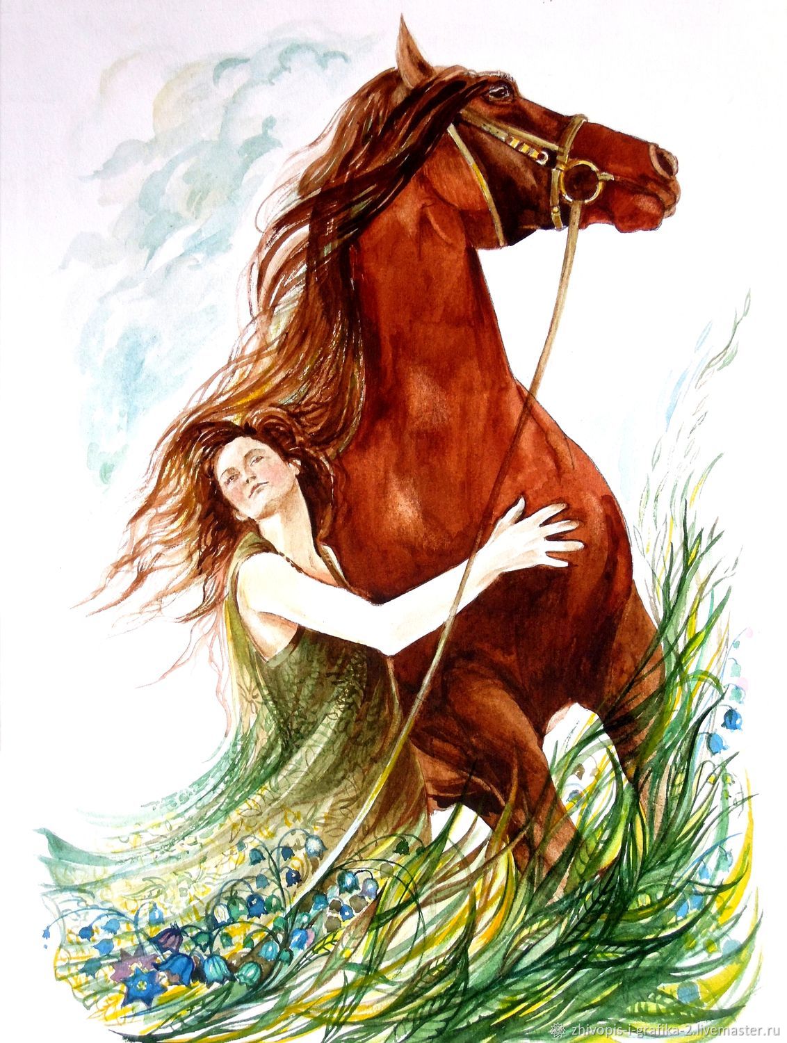 Девушка с лошадью акварель