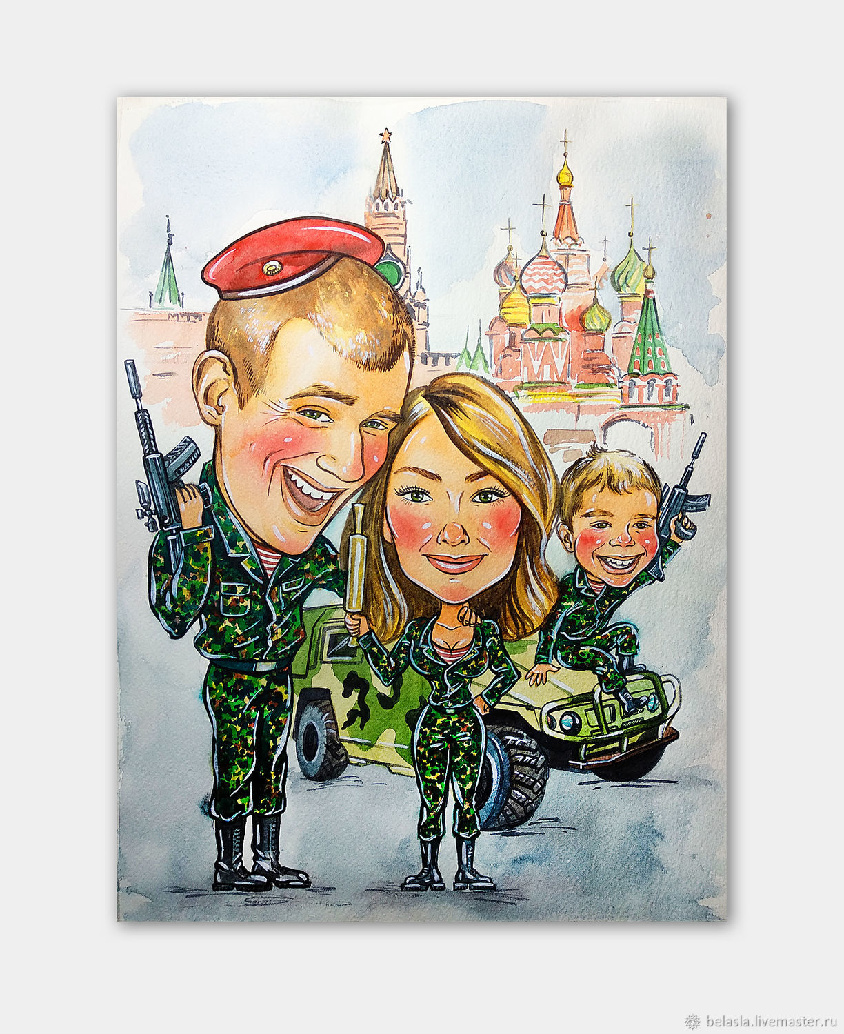 Family cartoon in Military style, watercolor cartoon – купить на Ярмарке  Мастеров – HS5JXCOM | Caricature, Moscow