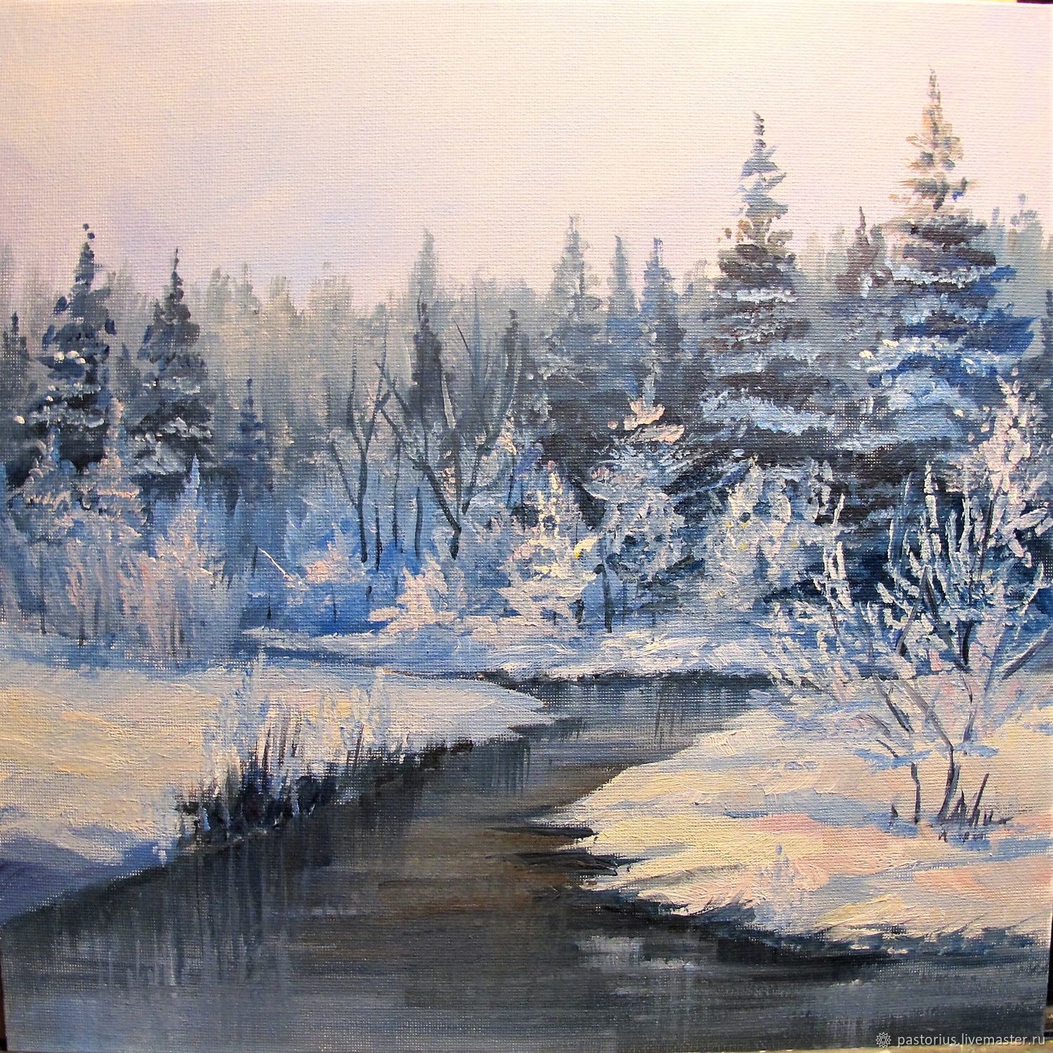 Зимний пейзаж с рекой живопись
