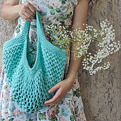 Сумки и аксессуары handmade. Livemaster - original item String Bag Mint Knitted Beach Bag, Openwork bag made of cotton. Handmade.