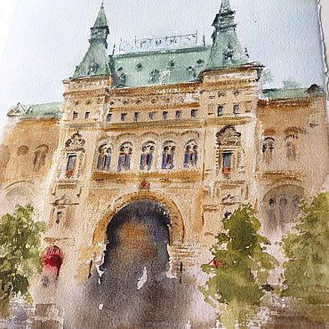 Картины и панно ручной работы. Ярмарка Мастеров - ручная работа Картины: Картина акварель Москва ГУМ (серо-зеленый охра город). Handmade.