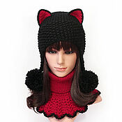 Аксессуары handmade. Livemaster - original item kit: Hat with ears Cat and shirt front knitted. Handmade.