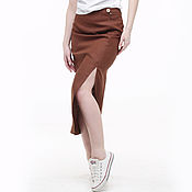 Одежда ручной работы. Ярмарка Мастеров - ручная работа Brown linen skirt with a split. Handmade.