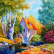 Картина с домиком "Осенние Сумерки" (холст, масло)