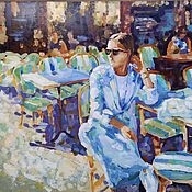 Картины и панно handmade. Livemaster - original item Pictures: Oil painting Summer Cafe (girl blue turquoise landscape). Handmade.