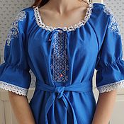 Одежда handmade. Livemaster - original item Blue linen dress with Yaroslava embroidery (midi). Handmade.