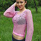 Light pink cotton blouse long sleeve . The yoke of Irish lace, assembled with pink beads. Slightly flared sleeve also decorated the bottom elements irlandskogo
