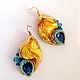 earrings beaded and shibori silk ribbon blue-yellow viola, Earrings, Cherepovets,  Фото №1