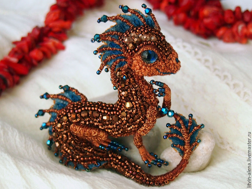 Brooch dragon "Maya". Brooch beads. Embroidered dragon. Copper dragon, Brooches, Moscow,  Фото №1