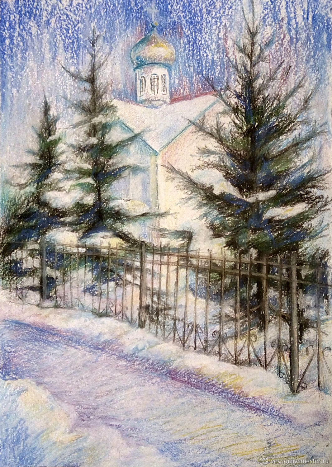 Храм зимой живопись