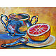 Painting still life sugar bowl and orange 'Orange morning', Pictures, Rostov-on-Don,  Фото №1