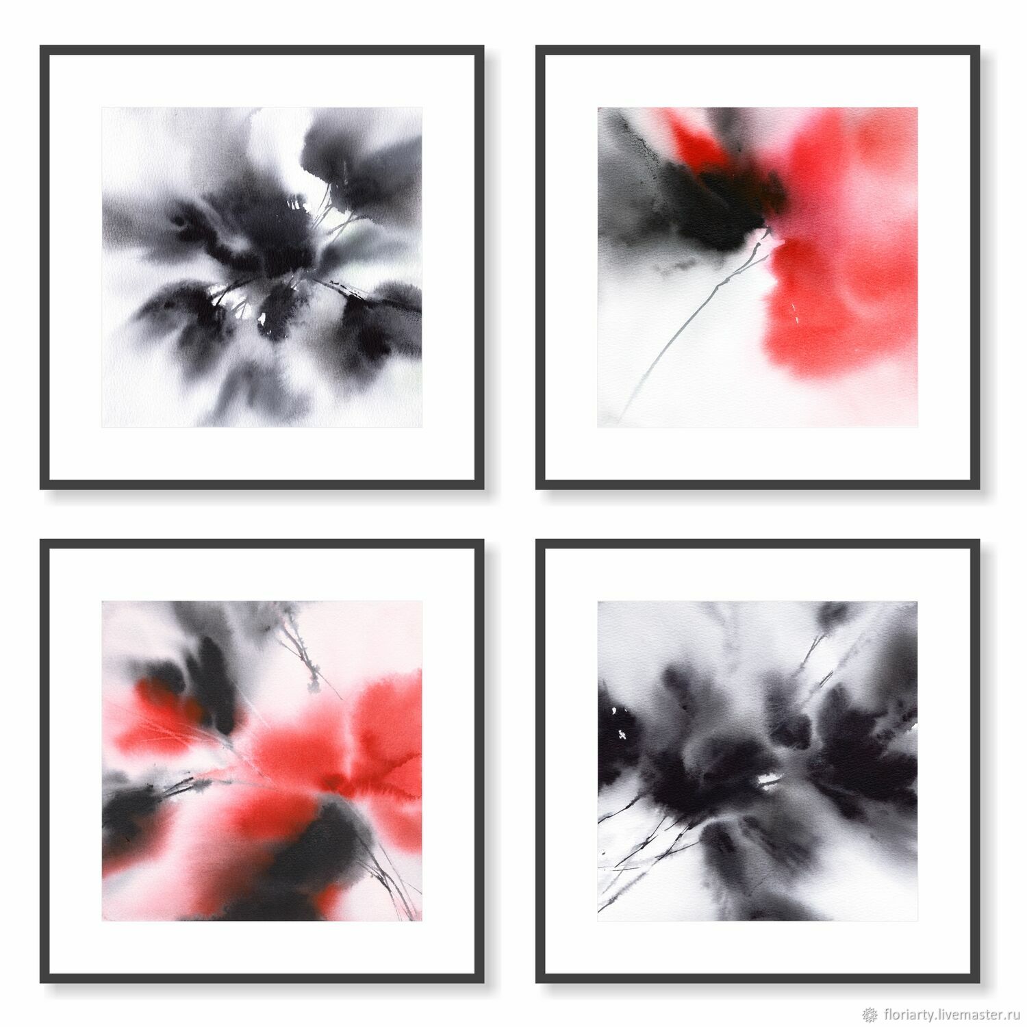 Абстракция с черными и красными цветами в гостиную, Картины, Москва,  Фото №1