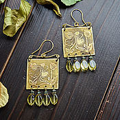 Украшения handmade. Livemaster - original item Boho Viola earrings, square brass earrings with beads. Handmade.