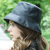 Fishing hat leather women's black hat with brim genuine leather