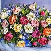 Картины и панно handmade. Livemaster - original item Bouquet of Rose ribbons on blue. Handmade.