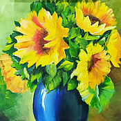 Картины и панно handmade. Livemaster - original item Painting Sunflowers in a blue vase. Handmade.