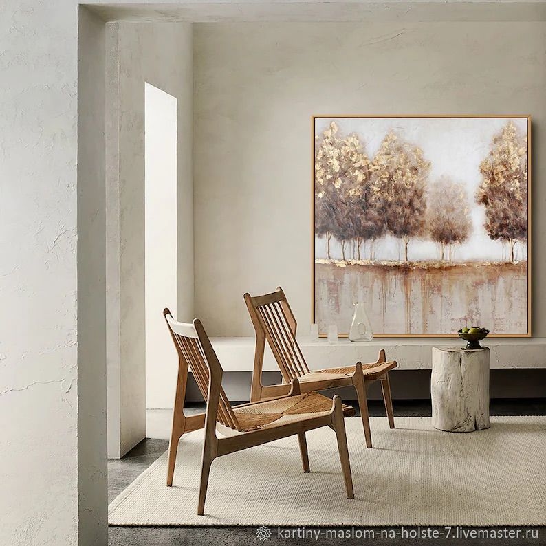 Картины: Триптих картин с пейзажем природы Лесные деревья с золотом в ...