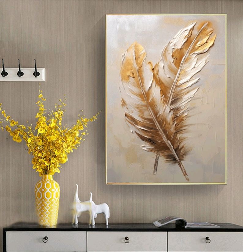 Большая масляная картина на холсте купить Золотые перья маслом в ...