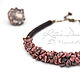 Short necklace with rhodonite shade of dusty rose with flecks of black and dark brown and coconut colors chocolate.
