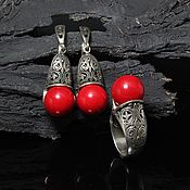 Украшения handmade. Livemaster - original item Colleen`s earrings and ring with corals made of 925 DD0045 silver. Handmade.