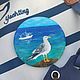 A Seagull brooch on a stone. Miniature painting on canvas. Seascape, Brooches, Moscow,  Фото №1