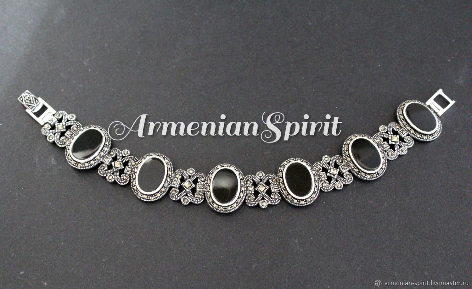 Серебряный браслет с марказитами и черным ониксом Armenian Spirit купить винтернет-магазине Ярмарка Мастеров по цене 11200 ₽ – SF20ORU