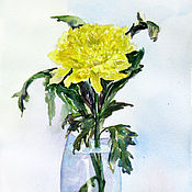 Картина акварелью. Натюрморт с хризантемами и арбузом