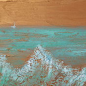 Картины и панно ручной работы. Ярмарка Мастеров - ручная работа Painting Turquoise sea on a golden background ship. Handmade.