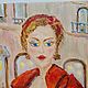 "Уличное кафе. Девушка в красном" 50х50см. Масло. Холст. Картины. Галерея Авдеенковой Ольги. Ярмарка Мастеров.  Фото №7