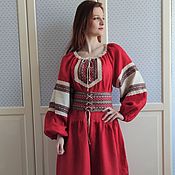 Русский стиль handmade. Livemaster - original item Dress long red linen Slavic folk. Handmade.