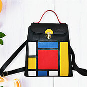 Сумки и аксессуары handmade. Livemaster - original item Black leather backpack with red yellow,blue squares Mondrian. Handmade.