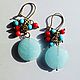 Brass earring with aquamarine quartz, coral and turquoise. Earrings. Lybid. Online shopping on My Livemaster.  Фото №2