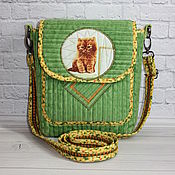 Сумки и аксессуары handmade. Livemaster - original item Ginger, Corduroy Shoulder Bag, Cat, Green. Handmade.