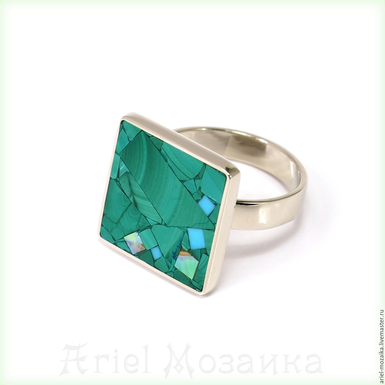 Ring `malachite` (size 17.5-18) ARIEL - Alena - MOSAIC Moscow Ring with malachite Ring with turquoise Ring with mother of pearl Ring square Ring-mosaic from natural stones
