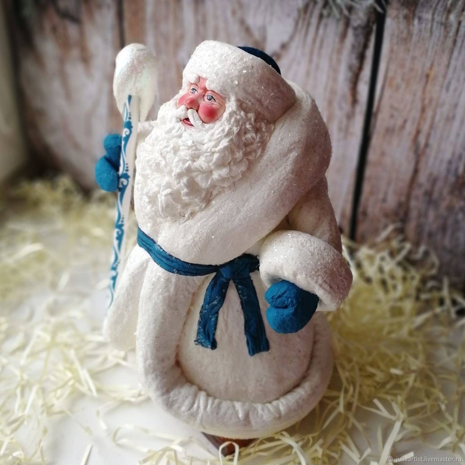 Дед Мороз из ваты под ёлку с расписным посохом заказать