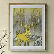 Картины и панно handmade. Livemaster - original item Pictures: Golden deer, a painting with a deer in gray and yellow colors. Handmade.