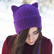 Аксессуары handmade. Livemaster - original item Lilac hat with cat ears, knitted, warm, with pigtails. Handmade.