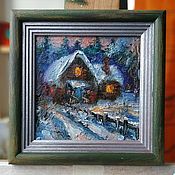 Картины и панно handmade. Livemaster - original item Winter evening, house. New Year miniature in oil. Handmade.