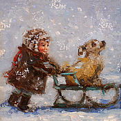 Картина маслом "Прилетел снегирь", в круглой раме