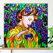 Картины и панно handmade. Livemaster - original item A stained glass painting of a Girl with grapes. Art Nouveau Modern. Handmade.